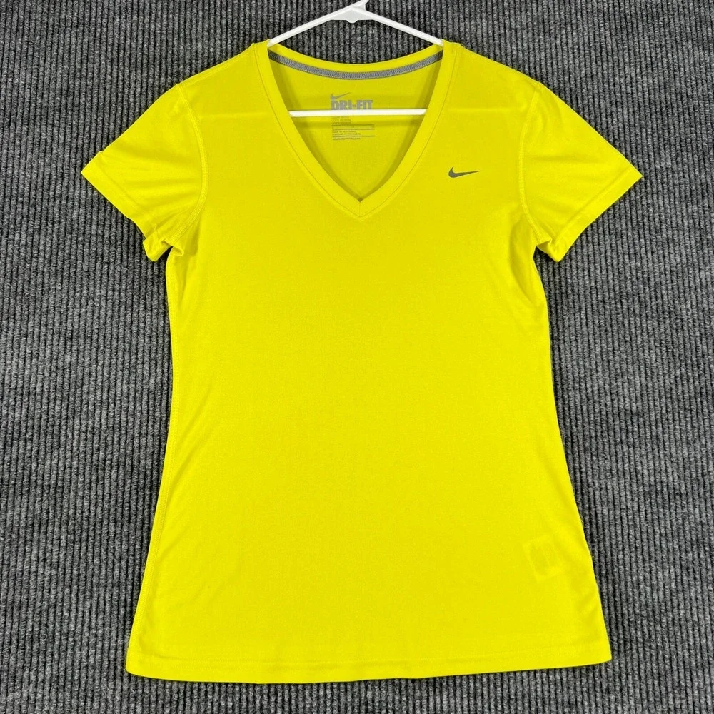 Nike Shirt Dri Fit Womens‎ Small Yellow Short Sleeve V Neck Regular Fit Gym Run